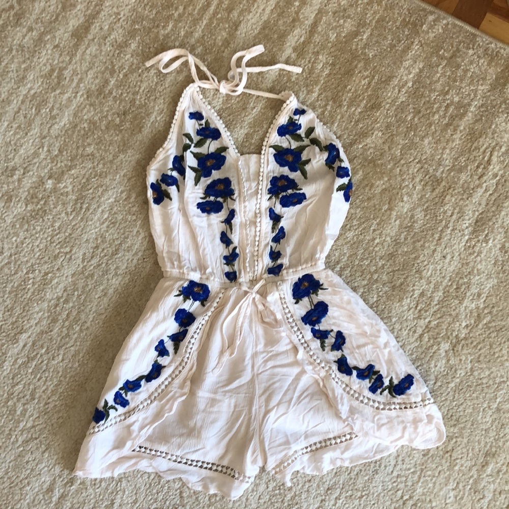 Blue floral embroidered romper